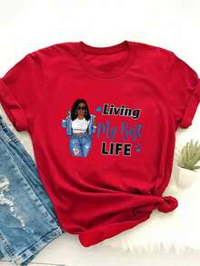 Women's 'Living My Best Life' T-Shirt- Fashionable White, Stylish Character And Letter Design, Comfortable Polyester Fiber, Casual Style, Perfect For Daily Wear Or Valentine's Day Gift - 黑色 - 查看 9