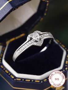 1pc 925 Sterling Silver Heart Shaped Ring, Elegant Geometric Design, European And American Fashion Women's Ring, Ideal For Wedding, Anniversary, Valentine's Day, High-Quality Jewelry Gift - Silver - View 1