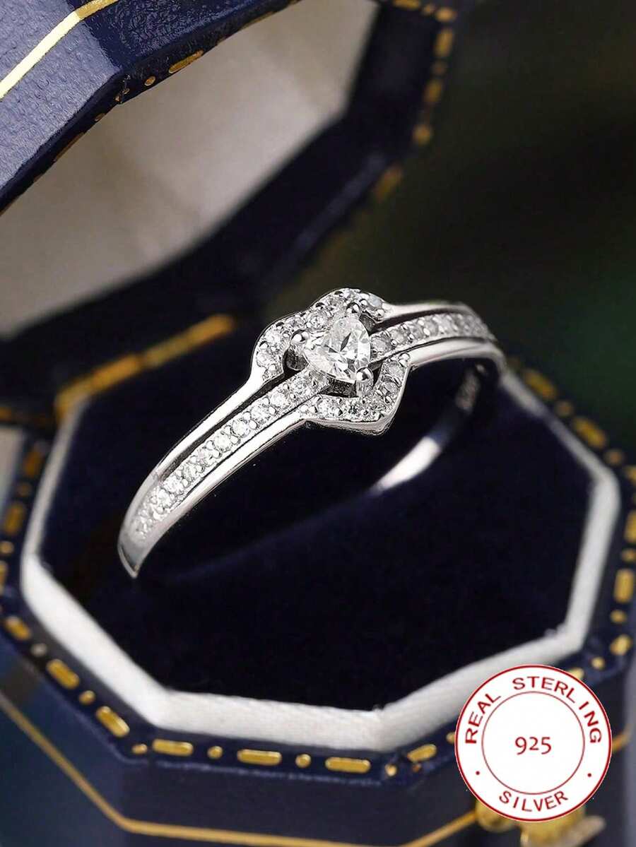 1pc 925 Sterling Silver Heart Shaped Ring, Elegant Geometric Design, European And American Fashion Women's Ring, Ideal For Wedding, Anniversary, Valentine's Day, High-Quality Jewelry Gift - Silver - View 1