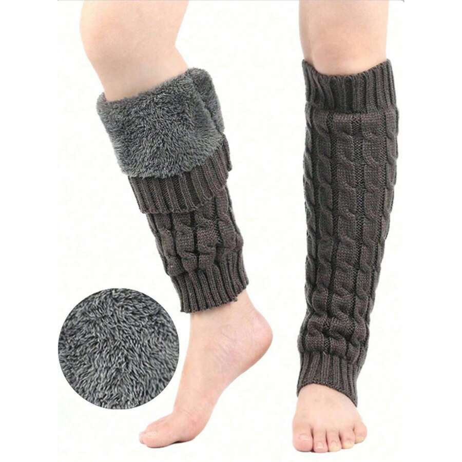1双秋冬保暖护腿袜，女士保暖绒袜，针织扭结袜，保暖绒毛，女士腿部保护和足部保暖袜 - 堆堆襪 - 查看 1