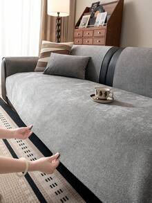1pc Velvet Chenille Solid Color Sofa Cushion, Modern Minimalist Style Sofa Cover, Pet-Friendly Sofa Protector Mat, Suitable For All Seasons, Machine Washable, Applicable To Living Room, Bedroom, Office And Other Home Decor - Dark Grey - View 2