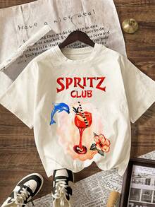 海豚图案 SPRITZ CLUB 女士休闲圆领短袖T恤，夏季海滩度假装 - 淺杏色 - 查看 2