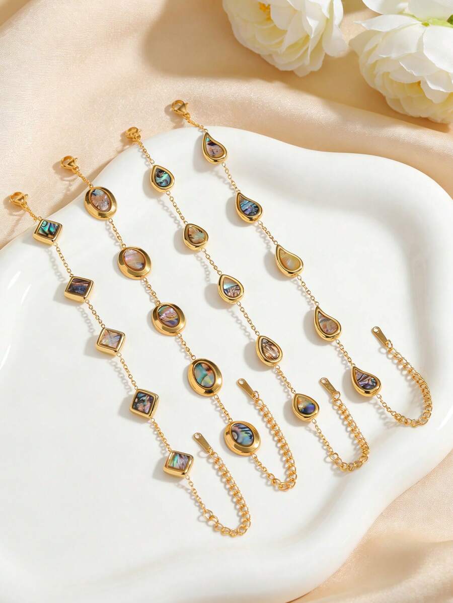 1 chiếc vòng tay bằng thép không gỉ mạ vàng tinh tế đính vỏ bào ngư, thiết kế hình giọt nước hình học, trang sức thời trang dành cho nữ, thích hợp đeo hàng ngày, dự tiệc hoặc quà tặng sinh nhật, ngày lễ. - Vàng - Xem 1
