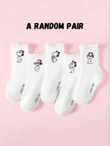 5 Pairs Authentic SNOOPY Socks With Embroidered Floral Lace Design, Cute Overall Style Suitable For Sweet Fashion, Adorable Cartoon SNOOPY Pattern, Fashionable Casual Breathable Student Socks For Daily Wear, Back To School, Holiday Gifts - White - View 11