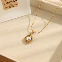 1pc New Stainless Steel Shell & Faux Pearl Pendant Necklace, Minimalist Elegant Choker Necklace Suitable For Daily Wear - Yellow Gold - View 6