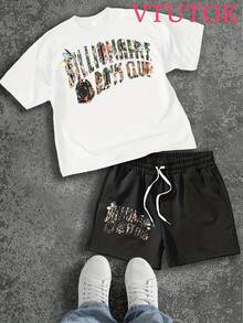 (2PC)VTUTOK Men's T-Shirt And Shorts Set With Printed Round Neck Short Sleeved Top, Casual T-Shirt And Drawstring Waist Shorts Set BILLIONAIRE BOYS CLUBB,T-Shirt And Shorts Set, Two Piece Set, Casual Set, Summer Outfit, Lounge Set, Short Sleeve Set, Cotton Set, Mens Set,Matching Set, Sport Set, Tracksuit Set, Comfort Set, Daily Outfit, Lounge Wear,Casual Wear,Cotton T-Shirt, Casual Tee, Short Sleeve, Crew Neck, Vintage Tee, Fashion T-Shirt, Loose Fit, Regular Fit,Shorts, Casual Shorts, Summer Shorts, Cotton Shorts, Athletic Shorts, Gym Shorts, Lounge Shorts, Beach Shorts,Daily Shorts,Streetwear Graphic Set - White T-shirt and shorts set - 查看 1