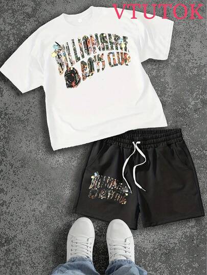 (2PC)VTUTOK Men's T-Shirt And Shorts Set With Printed Round Neck Short Sleeved Top, Casual T-Shirt And Drawstring Waist Shorts Set BILLIONAIRE BOYS CLUBB,T-Shirt And Shorts Set, Two Piece Set, Casual Set, Summer Outfit, Lounge Set, Short Sleeve Set, Cotton Set, Mens Set,Matching Set, Sport Set, Tracksuit Set, Comfort Set, Daily Outfit, Lounge Wear,Casual Wear,Cotton T-Shirt, Casual Tee, Short Sleeve, Crew Neck, Vintage Tee, Fashion T-Shirt, Loose Fit, Regular Fit,Shorts, Casual Shorts, Summer Shorts, Cotton Shorts, Athletic Shorts, Gym Shorts, Lounge Shorts, Beach Shorts,Daily Shorts,Streetwear Graphic Set