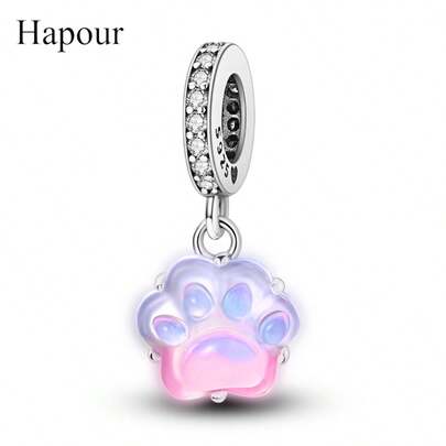 Colgante con polvo luminoso con estampado de pata de color azul Hapour, colgante que se adapta a pulsera y collar originales, cuentas de plata de ley 925 con estampado de gatos y perros, regalo de joyería DIY para la familia