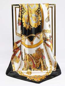 1条2026春夏新款女士时尚链条印花方巾，轻盈透气，简约百搭，适合四季使用。 - 黑色 - 查看 8