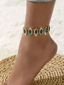 1 pieza Tobillera de lujo vintage minimalista de imitación de esmeralda, joyería para el pie con tacón alto y strass de moda - Multicolor - Ver 10