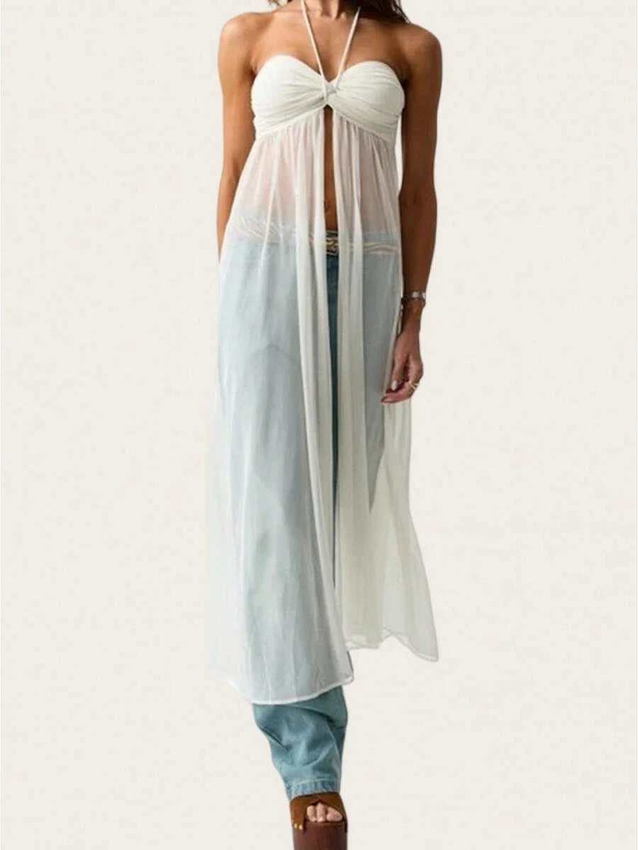 Women's Sheer Mesh Halter Cami Top Twist Front Split Strapless Long Tube Top Flowy Sheer Mesh See Through Tops Summer Fashion Streetwear - trắng - Xem 1
