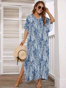 Plus Size Women's Leopard Print Dress, Bohemian V-Neck Short Sleeve Split Hem Dress, Perfect Summer Choice Elegant Vacation - Blue - View 1