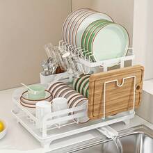 No-Installation Draining Dish Rack, Foldable All-In-One Dish Rack, Thickened Carbon Steel Dish Rack, Multi-Functional Household Storage Rack With 360° Water-Guiding Drainage Tray, Knife Holder - 查看 1