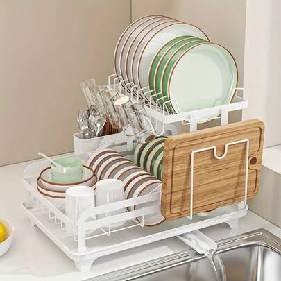 No-Installation Draining Dish Rack, Foldable All-In-One Dish Rack, Thickened Carbon Steel Dish Rack, Multi-Functional Household Storage Rack With 360° Water-Guiding Drainage Tray, Knife Holder