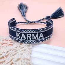 1 pieza Pulsera tejida a mano con letra Karma, accesorio vintage minimalista creativo y casual de bendición - Azul Marino - Ver 7