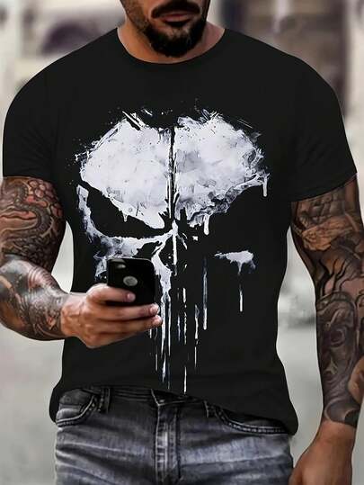 Men's Plus Size Punisher Skull Logo T-Shirt-Pure Cotton Material-Classic Black And White Pattern Design, Breathable Regular Fit Casual T-Shirt, Suitable For Gym, Outdoor Activities, And Everyday Wear-Durable Short-Sleeve Shirt, Decorated With A Punisher Logo Print, Taylorswiftmerch,Jamesarthur,Oversizedtshirt,Manfinity,Summerholidayoutfits,Heatedrivalry,Emoclothes,,Valentines,Jerseytop,Valentinesgiftsforboyfriend,Mensgiftideas,Ilovemygirlfriend, , Valentine'sday,Romwe,Graphictshirt,Streetwear YMDD