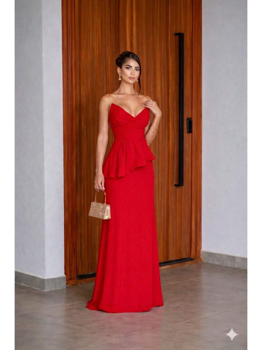 Luxury Strapless Dress In Structured Crepe - Perfect For Bridesmaids And Gala Events - Red - View 1