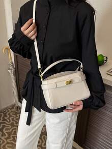 白色春季系带设计女士手提包，迷你别致精致金属旋扣单肩斜挎枕形包，适合女士约会 - 白色 - 查看 2