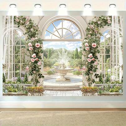 2D平面，优雅花园派对生日背景幕布，带花卉喷泉 - 粉绿色花卉墙饰 - 大型生日派对装饰，女士和女孩的理想之选 - 婚礼、周年纪念、生日派对装饰 - 复古维多利亚花园主题 - 轻盈如壁纸般的外观，易于悬挂 - 横幅 - 室内/派对装饰，2D平面