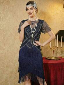 EVERPRETTY Đầm cocktail kiểu Flapper thập niên 1920 dành cho nữ mùa hè, đính cườm và tua rua, dáng midi, thích hợp cho tiệc tối, sự kiện cổ điển, dạ hội hoặc đám cưới. - Màu xanh hải quân - Xem 3