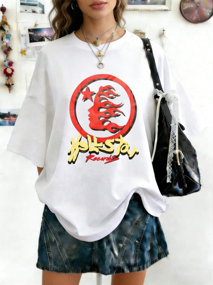 Hellstars Must Be Stopped Prohibited Flame Head Star Y2K Graphic T-Shirt,220g 100% Cotton,Round Neck Short Sleeve,White Streetwear Essential For Summer Going Out,Unisex Style - White - View 1