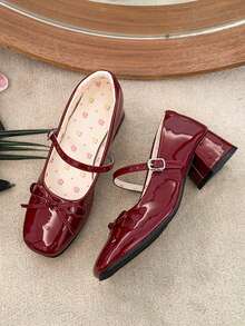 Women's High Heel Mary Jane Shoes, Bowknot Buckle, Office/School, Burgundy Patent Leather Square Toe Chunky Heel, Bowknot Strap, Retro European And American Style, Suitable For Date And Commute - Burgundy - View 7