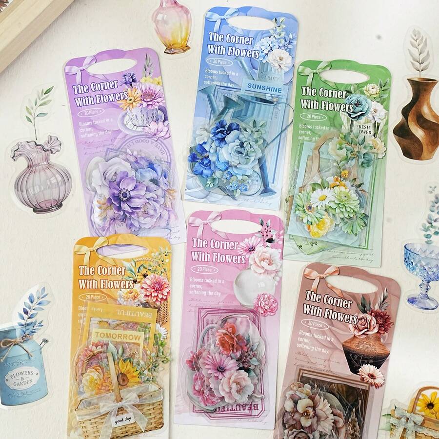 20张/包贴纸，“角落藏花”系列，精致花卉主题PET贴纸，剪贴簿用品和笔记本配件，可用于装饰卡片、相框、电脑、手机壳、水杯、旧杂志、铅笔盒、行李箱、桌面装饰贴纸、返校季贴纸、文具趣味贴纸，适用于Kindle - 貼紙包 - 查看 1