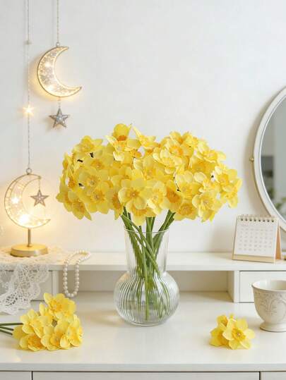 1支人造水仙花，适用于婚礼、家居、餐厅、卧室、花瓶装饰、节日和生日派对、婚礼装饰、鲜花、情人节礼物、新年DIY材料、人造植物、春季装饰、房间、书桌、花园装饰、房间装饰、情人节礼物、毕业礼物、罗摩节装饰