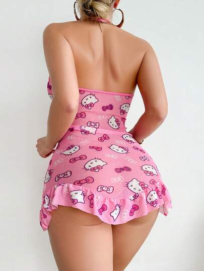 SANRIO 1件女士可爱粉色V领薄纱荷叶边吊带睡裙