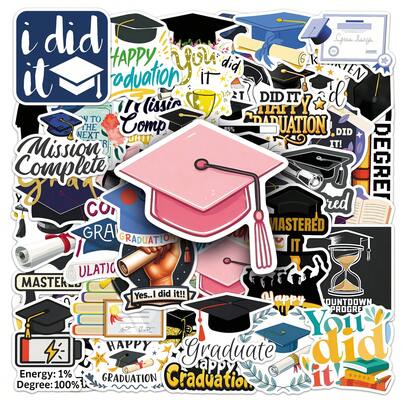 50 piezas/Set Paquete de pegatinas de graduación, decoraciones para fiestas de graduación, adecuadas para fiestas como Halloween, Navidad, Pascua, DIY en tazas, patinetas, set de dibujos animados estéticos enérgicos para diarios, álbumes de recortes, suministros para fiestas, perfecto para invierno, Año Nuevo