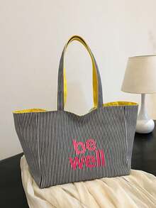 Bolsa de lona a rayas de doble cara, una bolsa de compras minimalista ligera y casual, adecuada para mujeres jóvenes, estudiantes universitarios, principiantes y trabajadores de oficina. Ideal para oficina, escuela, trabajo, negocios, transporte, actividades al aire libre, viajes y otros escenarios - Negro - Ver 5