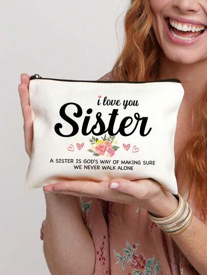 Túi đựng đồ cá nhân có khóa kéo in chữ "Chị gái" với họa tiết hoa, túi đựng mỹ phẩm du lịch dung tích lớn dành cho nữ, túi đựng đồ nhẹ, có thể gấp gọn, túi đựng đồ trang điểm, món quà lý tưởng cho bạn bè và thầy cô, túi họa tiết hoa, túi có khóa kéo, đồ dùng cần thiết khi đi du lịch, đáp ứng nhu cầu đi lại hàng ngày, quà tặng tốt nghiệp, Giáng sinh cho bạn thân và chị gái, ngày Valentine, mùa cưới, quà lưu niệm, quà tặng cho phù dâu.