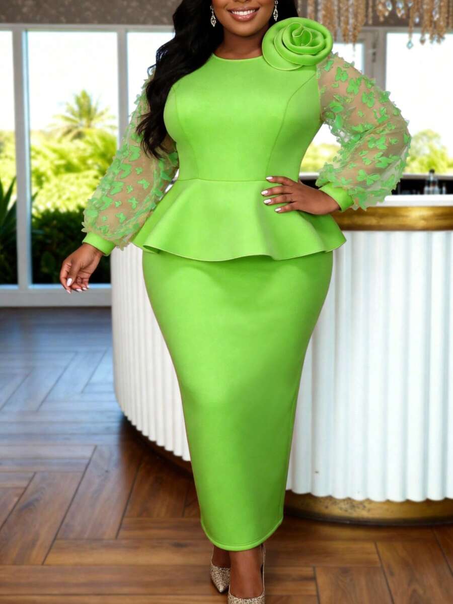 AOMEI Plus Size Women's Elegant Noble Dignified Teal Green Sheer Lantern Sleeve 3D Floral Church Maxi Dress, Suitable For Cocktail Parties, Formal Occasions, Wedding Anniversaries, Wedding Guests, Party Dresses