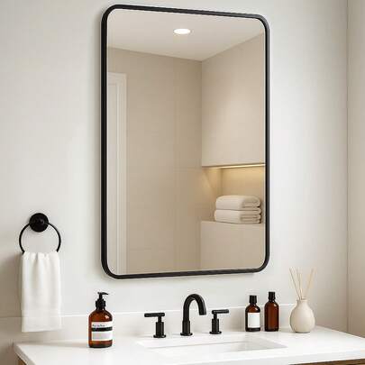 Bathroom Mirror With Black Aluminum Frame – HD Wall-Mounted Rectangle Mirror With Curved Corners For Vertical Or Horizontal Hanging, Bathroom & Living Room Decor