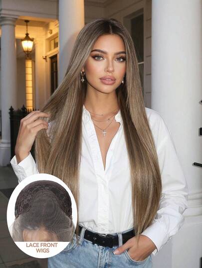 Ombre Blonde Long Straight Wig Blonde Mixed Brown Medium Part Lace Front Wigs For Women Highlight Synthetic Wig 30-Inch Heat Resistan Fiber Hair Daily Imported Silk Party Wedding Music Festival Christmas Gift High Quality And Comfortable Natural