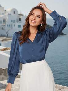 Women's Plus Size Elegant V-Neck Long Sleeve Pullover Blouse For Commuting Spring - Blue - View 5
