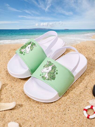 1 Pair Girls' Cute Fun English Letter Casual Flat Open Toe Outdoor Sandals With Heel Strap, Suitable For Summer