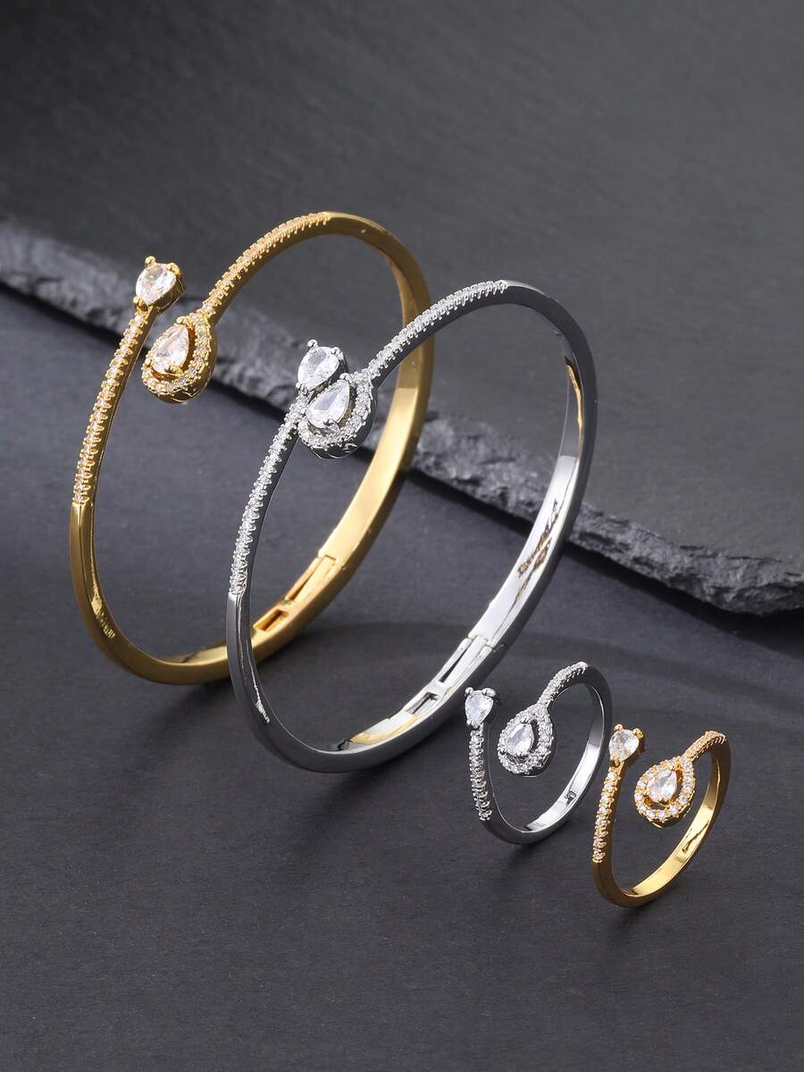 2件套时尚简约奢华闪亮立方氧化锆双水滴开口手镯戒指套装，适合日常、派对、婚礼、春季、开斋节等场合佩戴。 - 閃耀雙水滴鋯 - 查看 1