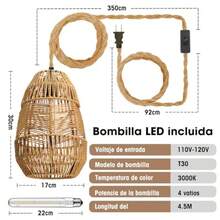 Lámparas Colgantes Luz Colgante Industrial Enchufable con Interruptor de Encendido/Apagado Lámpara de Techo de Cuerda de Cáñamo de 5m para Sala de Estar Dormitorio Cocina - Caqui - Ver 7