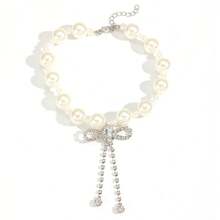 1 chiếc vòng cổ ngọc trai giả, vòng cổ choker đính đá lấp lánh, tua rua và nơ, dây chuyền thanh lịch đeo quanh xương quai xanh. - trắng - Xem 2