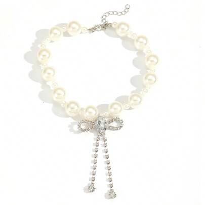 1pc Faux Pearl Necklace, Personalized Sweet Rhinestone Tassel Bow Choker Necklace, Elegant Collarbone Chain
