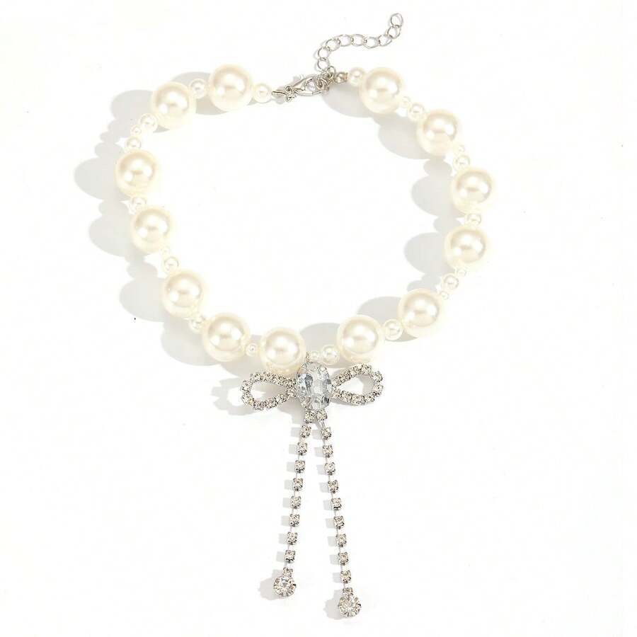 1 chiếc vòng cổ ngọc trai giả, vòng cổ choker đính đá lấp lánh, tua rua và nơ, dây chuyền thanh lịch đeo quanh xương quai xanh. - trắng - Xem 1