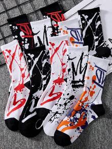 4 Pairs Of Men's Colorful Stylish Street Style Doodle Crew Socks, Random Colors, Fall - 多色 2 - 查看 12