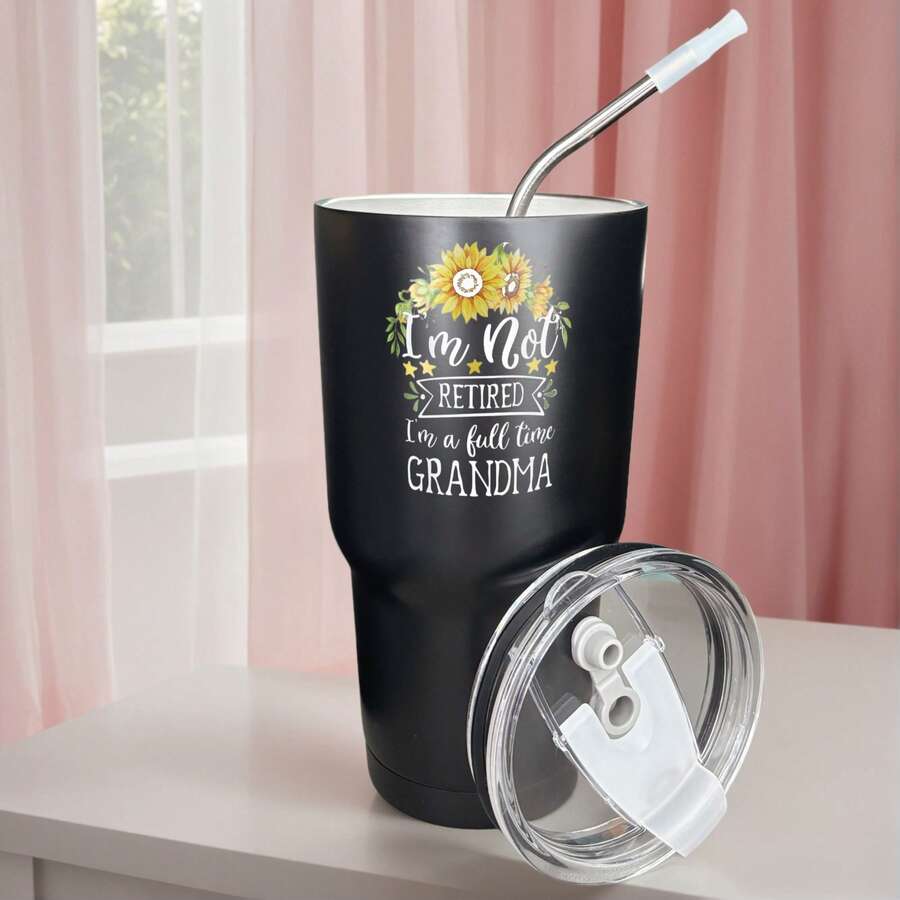 30oz Stainless Steel Tumbler Black White Options, I'm Not Retired I'm A Full Time Grandma Graphic Cups, Insulated Travel Coffee Mug With Lid And Straw , Double Wall Vacuum Reusable Travel Cups, Funny Birthday Party Gift For Men - 黑色 - 查看 1