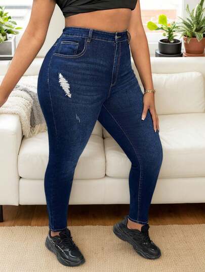 Pantalones vaqueros casuales de talla grande, jeans de pierna lavados y desgarrados para mujer con botones y alta elasticidad, Jeans de ajuste mom de desgarro con abertura, Talla grande Jeans ajustados elásticos, Curvy