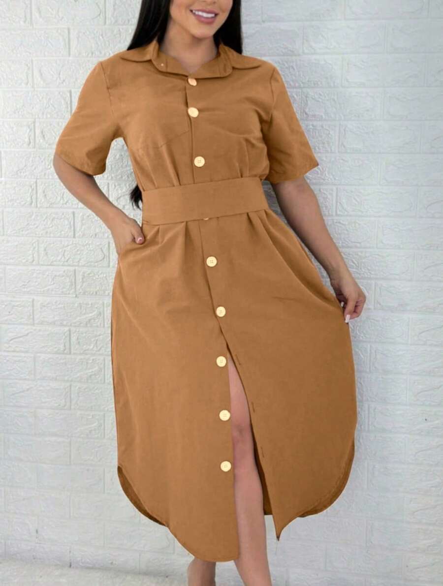 Linen Dress With Belt, Suzi Moda - Mocha Brown - View 1