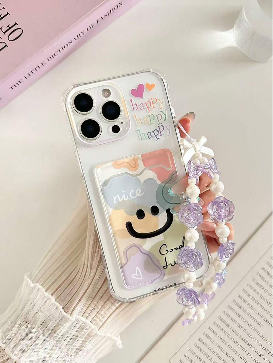 Smiling Face Painted Transparent Square Card Holder Multifunctional Card Wallet With Wrist Strap Thick Shockproof Phone Protective Case Compatible With IPhone/ Galaxy/,International Version, Not The Domestic Version - Multicolor - View 1