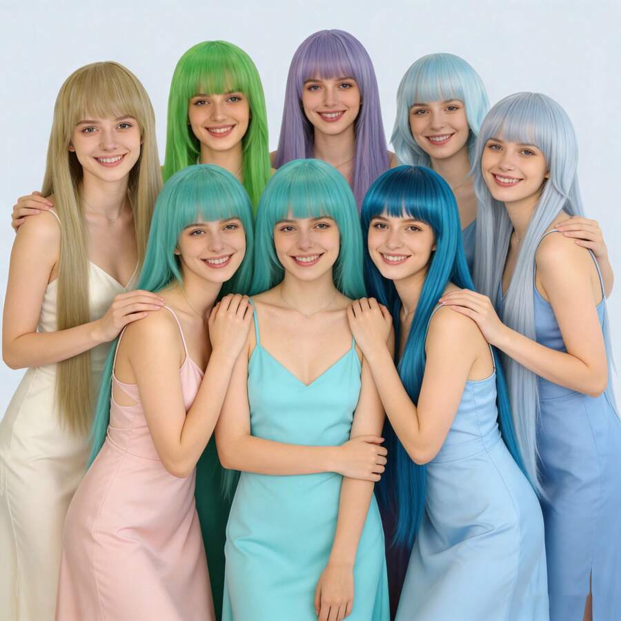 Vibrant Extra Long Straight Wigs With Bangs – Heat Resistant Synthetic Hair, Universal & Versatile, Natural Looking, Beginner Friendly, Perfect For Party Cosplay, Holiday, Fashion & Daily Wear (Blonde, Green, Purple, Teal, Blue, Flaxen) - Ideal For Women & Men, Role-Play, Movie Cartoon Character Costume, Proms, Comic Con & Photo Shoots - Easy To Style & Maintain - Multicolor - View 1