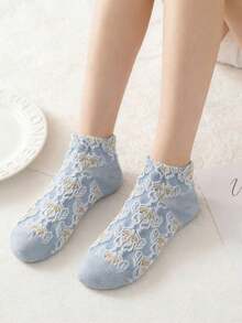 5 Pairs Women's Vintage Floral Socks, Short Crew Socks, Low Cut, Spring/Summer Thin Style, Japanese Fresh Ins Style - Multicolor - View 4