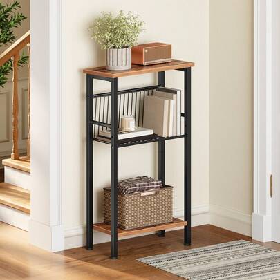3-Tier Tall Console Table With Open Shelves, Slim Entryway Table With Adjustable Mesh Shelf, Adjustable Feet And Anti-Tip Kit, For Hallway, Living Room, Sofa, Rustic Brown And Black/Black